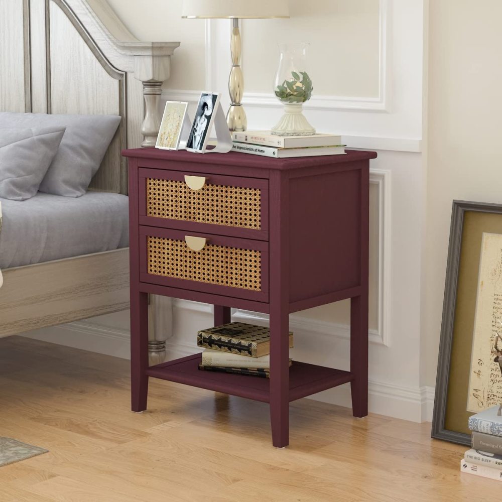 SZLIZCCC Nightstands with 2 Drawers, Rattan Night Stand Bedside Table End Table Standing Storage Cabinet Organizer Dresser Drawer and Shelf for Entryway, Living Room, Bedroom, Nursery(Green)