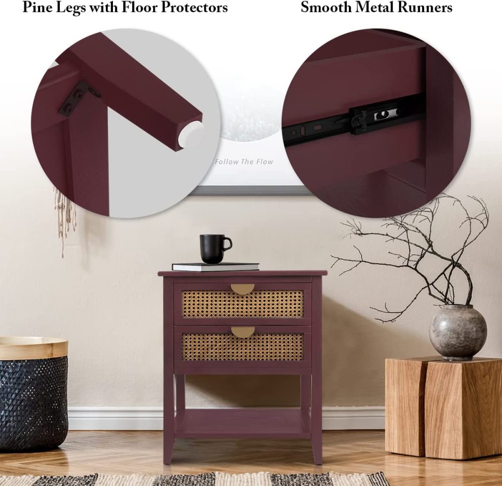 SZLIZCCC Nightstands with 2 Drawers, Rattan Night Stand Bedside Table End Table Standing Storage Cabinet Organizer Dresser Drawer and Shelf for Entryway, Living Room, Bedroom, Nursery(Green)