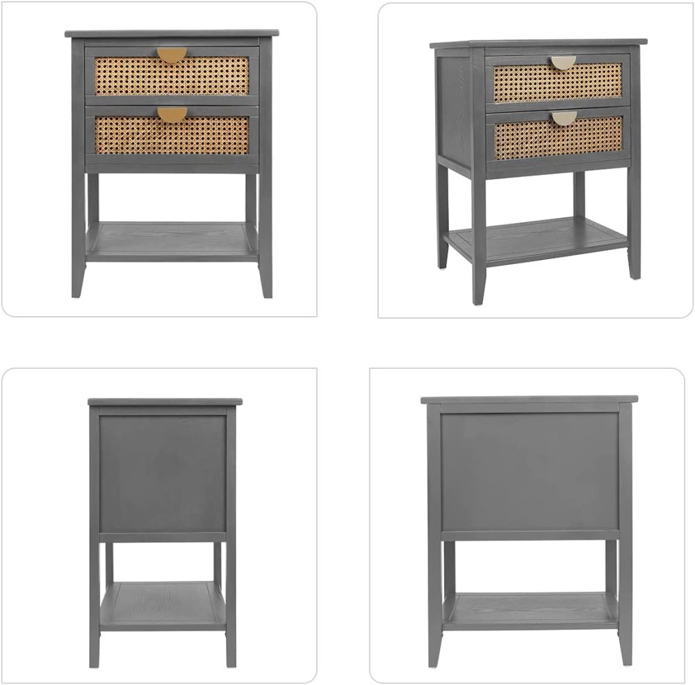 SZLIZCCC Nightstands with 2 Drawers, Rattan Night Stand Bedside Table End Table Standing Storage Cabinet Organizer Dresser Drawer and Shelf for Entryway, Living Room, Bedroom, Nursery(Green)