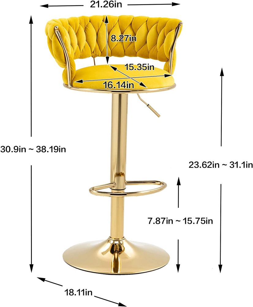 SZLIZCCC Velvet Woven Barstools Set of 2, Height Adjustable Kitchen Counter Stool, Island Chair, 360°Swivel Bar Chairs Gold Metal Chassis and Low Back Bar Stool