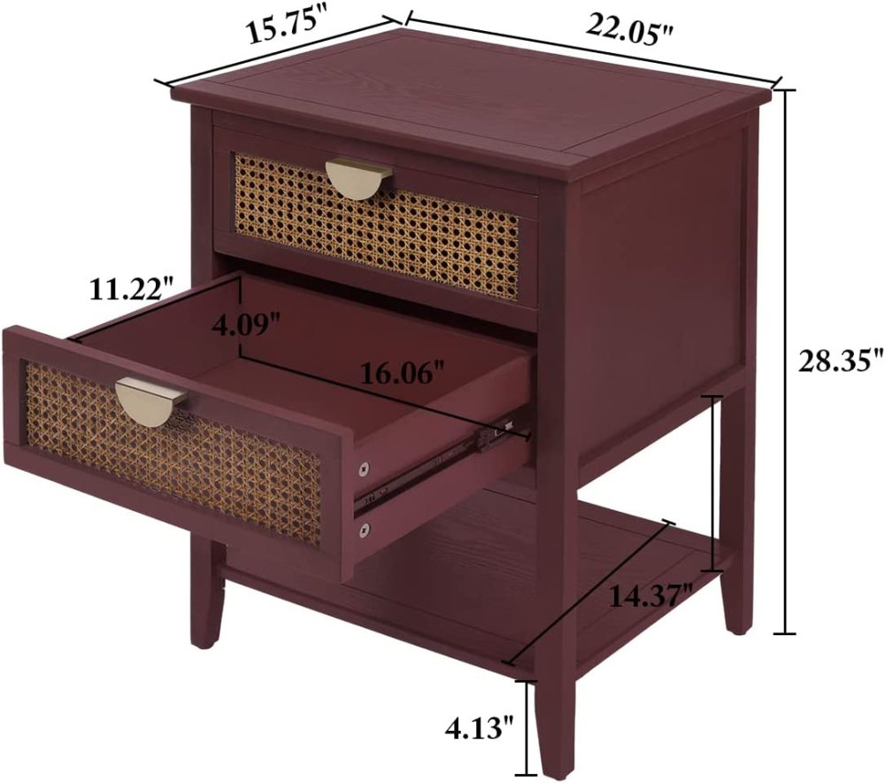 SZLIZCCC Nightstands with 2 Drawers, Rattan Night Stand Bedside Table End Table Standing Storage Cabinet Organizer Dresser Drawer and Shelf for Entryway, Living Room, Bedroom, Nursery(Green)