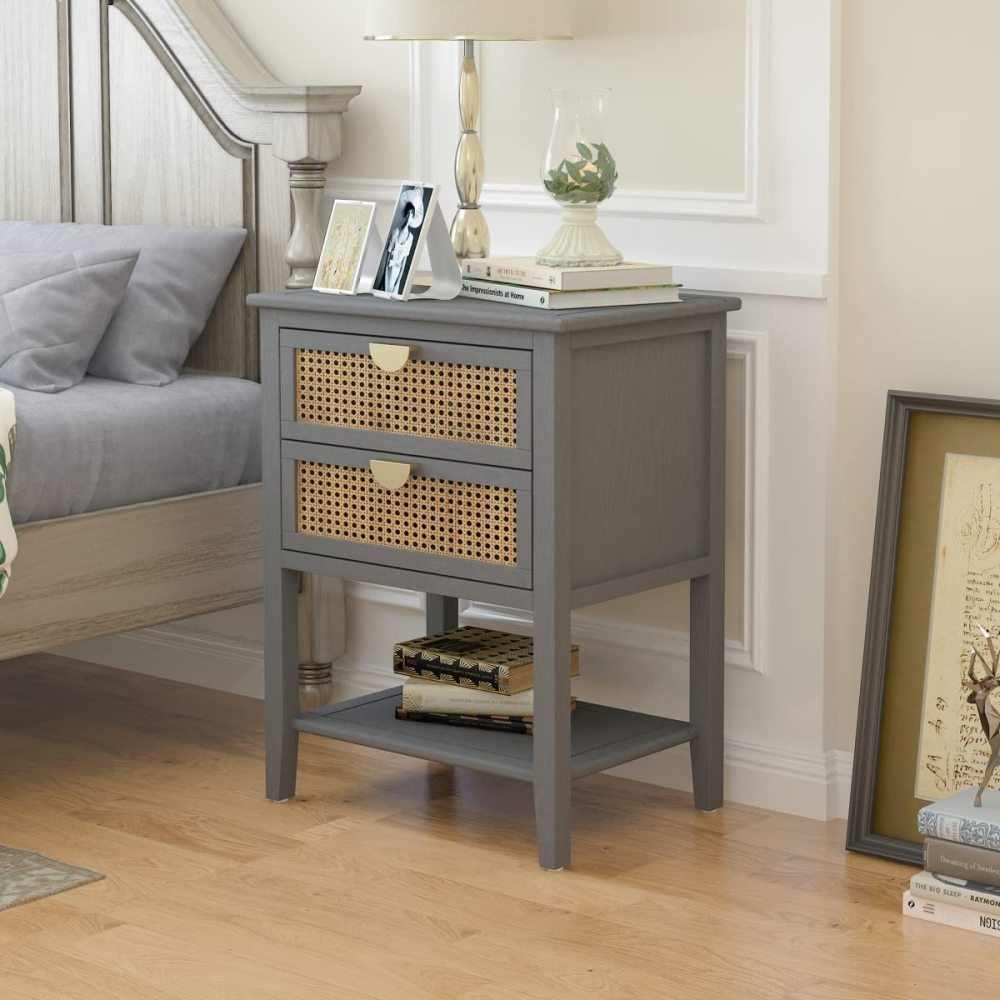 SZLIZCCC Nightstands with 2 Drawers, Rattan Night Stand Bedside Table End Table Standing Storage Cabinet Organizer Dresser Drawer and Shelf for Entryway, Living Room, Bedroom, Nursery(Green)