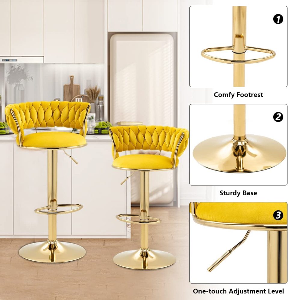 SZLIZCCC Velvet Woven Barstools Set of 2, Height Adjustable Kitchen Counter Stool, Island Chair, 360°Swivel Bar Chairs Gold Metal Chassis and Low Back Bar Stool