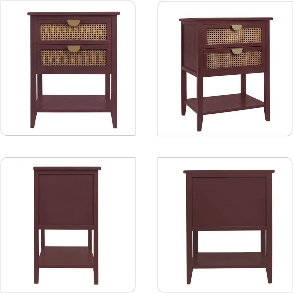 SZLIZCCC Nightstands with 2 Drawers, Rattan Night Stand Bedside Table End Table Standing Storage Cabinet Organizer Dresser Drawer and Shelf for Entryway, Living Room, Bedroom, Nursery(Green)