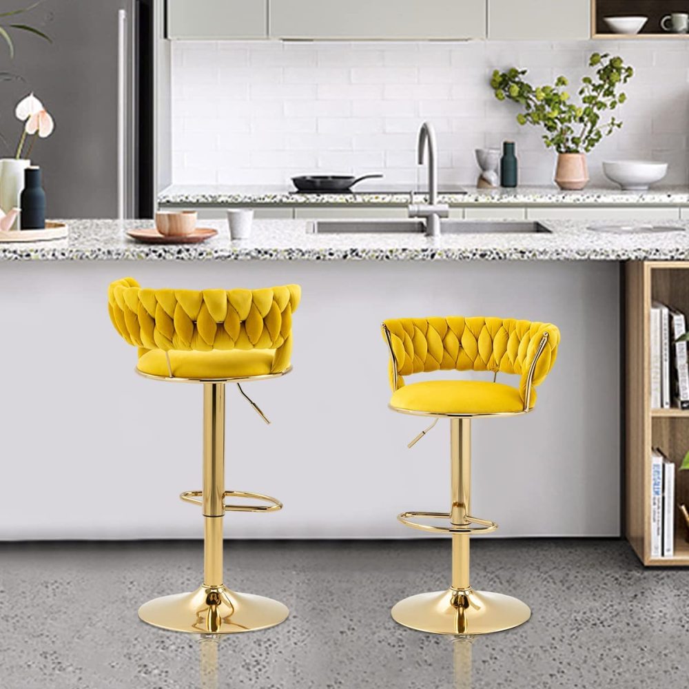 SZLIZCCC Velvet Woven Barstools Set of 2, Height Adjustable Kitchen Counter Stool, Island Chair, 360°Swivel Bar Chairs Gold Metal Chassis and Low Back Bar Stool