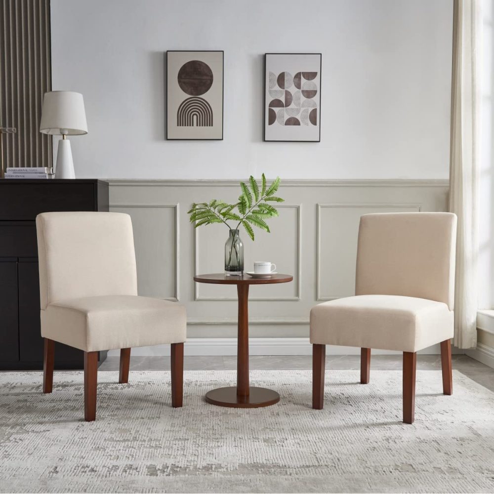 SZLIZCCC  Armless Accent Chair Set of 2, Slipper Chair with Side Table, Living Room Chair Solid Wood Legs Fabric Side Bedroom Chairs Upholstered Corner Side Chair Dinner Chair for Home, Office(Grey)