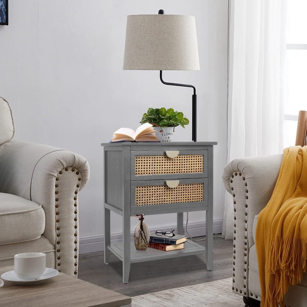 SZLIZCCC Nightstands with 2 Drawers, Rattan Night Stand Bedside Table End Table Standing Storage Cabinet Organizer Dresser Drawer and Shelf for Entryway, Living Room, Bedroom, Nursery(Green)