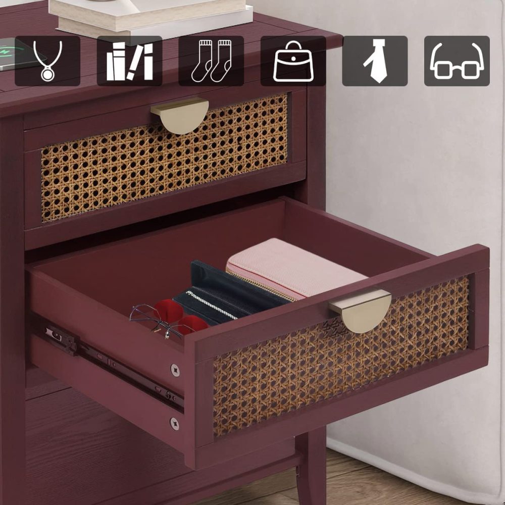 SZLIZCCC Nightstands with 2 Drawers, Rattan Night Stand Bedside Table End Table Standing Storage Cabinet Organizer Dresser Drawer and Shelf for Entryway, Living Room, Bedroom, Nursery(Green)