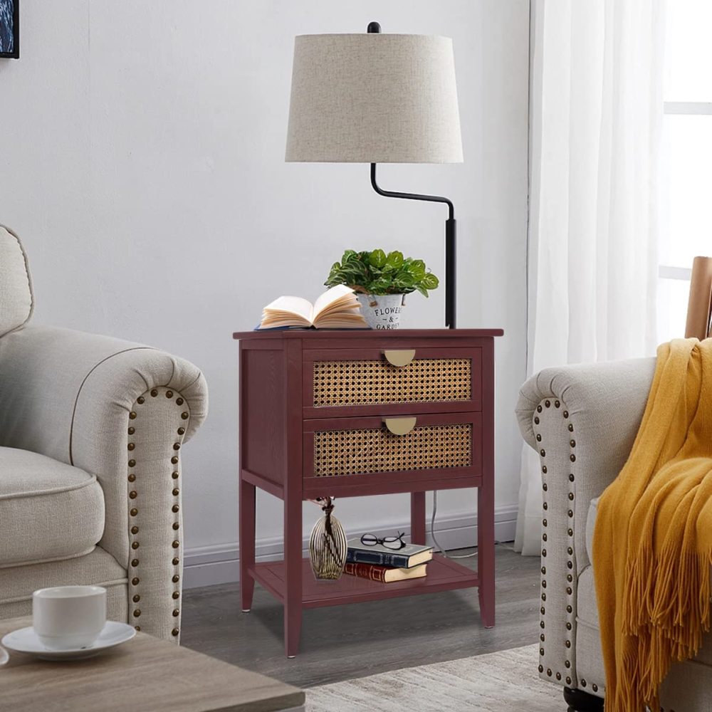 SZLIZCCC Nightstands with 2 Drawers, Rattan Night Stand Bedside Table End Table Standing Storage Cabinet Organizer Dresser Drawer and Shelf for Entryway, Living Room, Bedroom, Nursery(Green)