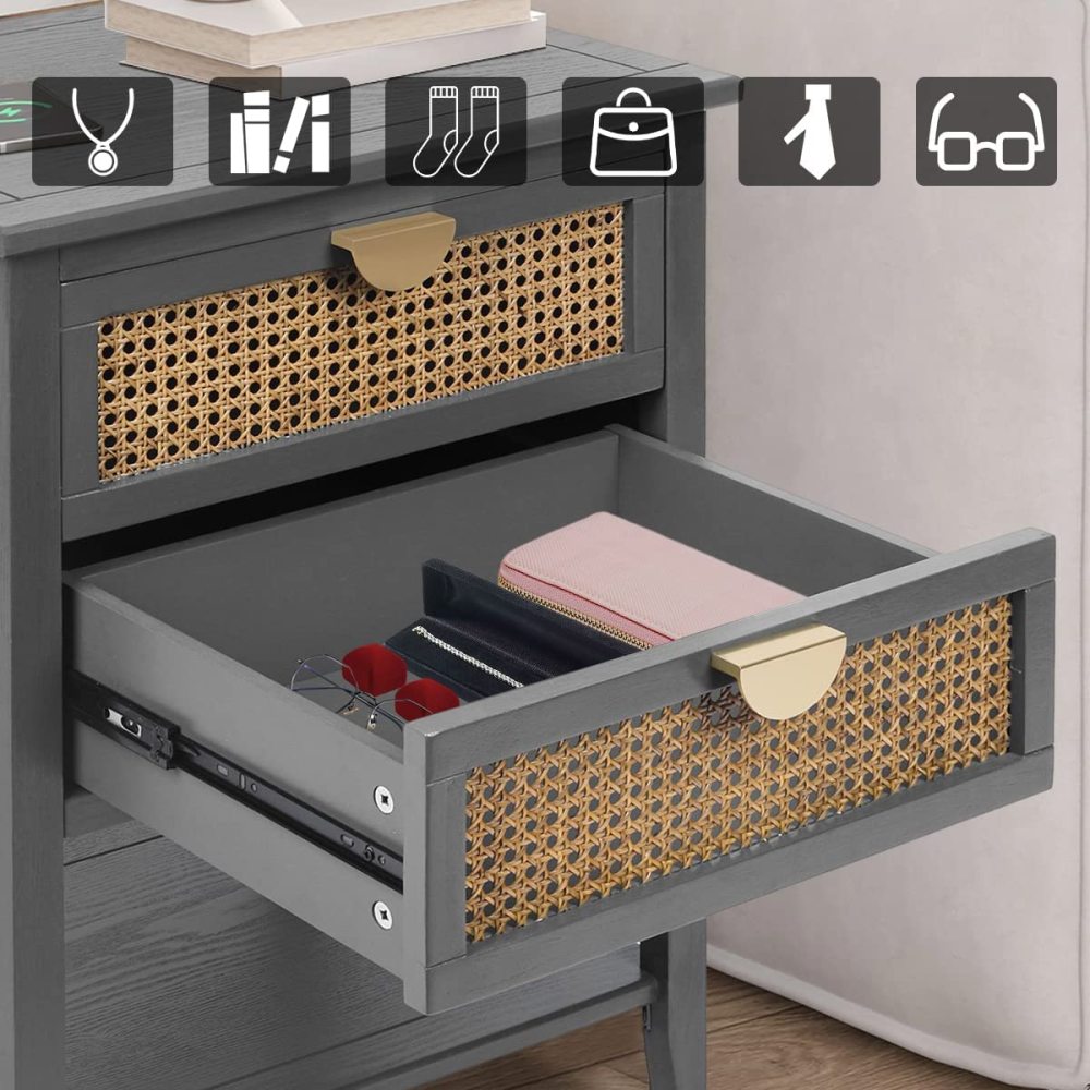 SZLIZCCC Nightstands with 2 Drawers, Rattan Night Stand Bedside Table End Table Standing Storage Cabinet Organizer Dresser Drawer and Shelf for Entryway, Living Room, Bedroom, Nursery(Green)