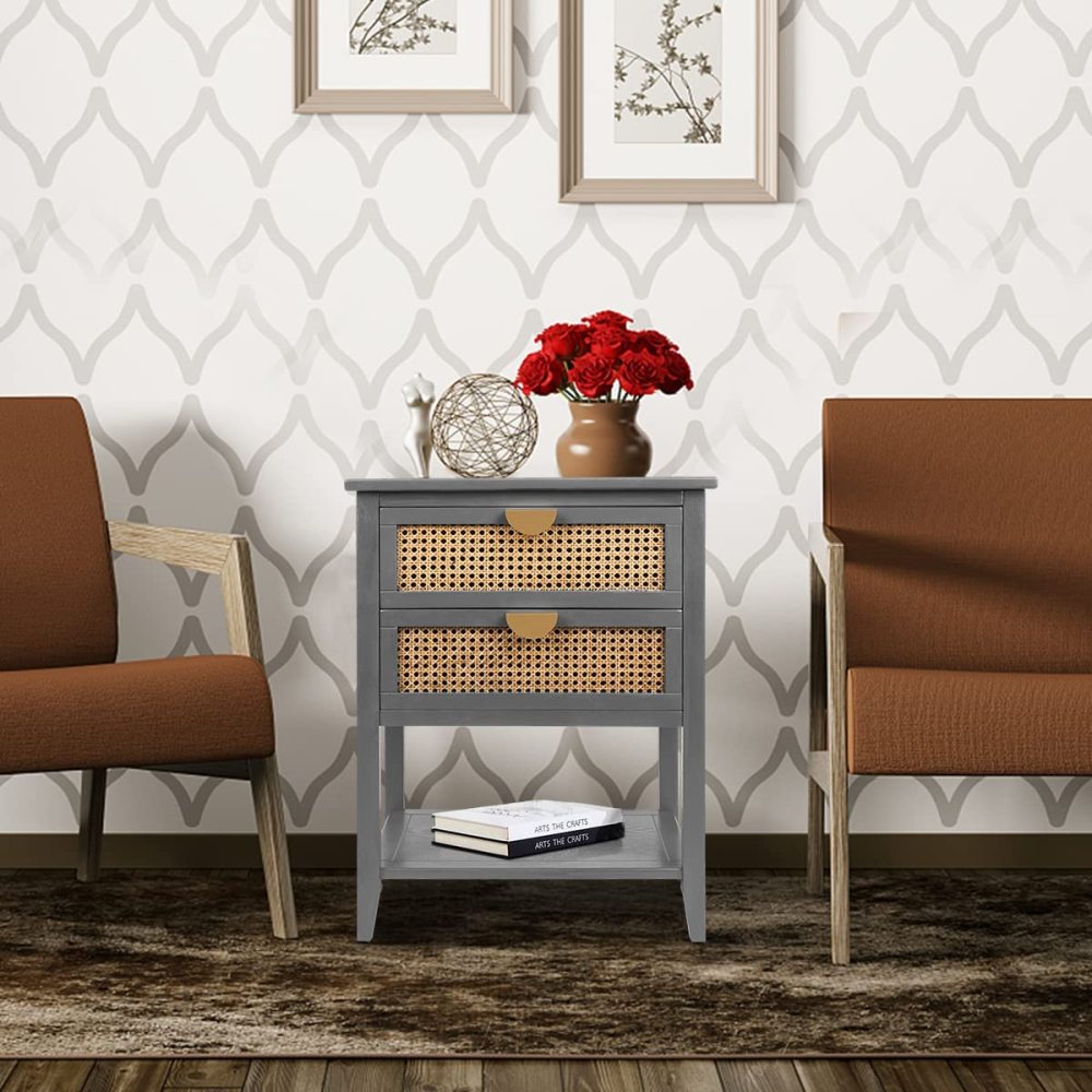 SZLIZCCC Nightstands with 2 Drawers, Rattan Night Stand Bedside Table End Table Standing Storage Cabinet Organizer Dresser Drawer and Shelf for Entryway, Living Room, Bedroom, Nursery(Green)