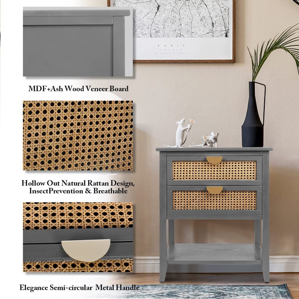 SZLIZCCC Nightstands with 2 Drawers, Rattan Night Stand Bedside Table End Table Standing Storage Cabinet Organizer Dresser Drawer and Shelf for Entryway, Living Room, Bedroom, Nursery(Green)