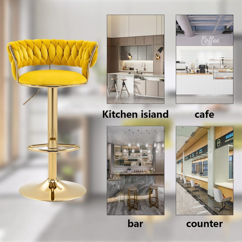 SZLIZCCC Velvet Woven Barstools Set of 2, Height Adjustable Kitchen Counter Stool, Island Chair, 360°Swivel Bar Chairs Gold Metal Chassis and Low Back Bar Stool