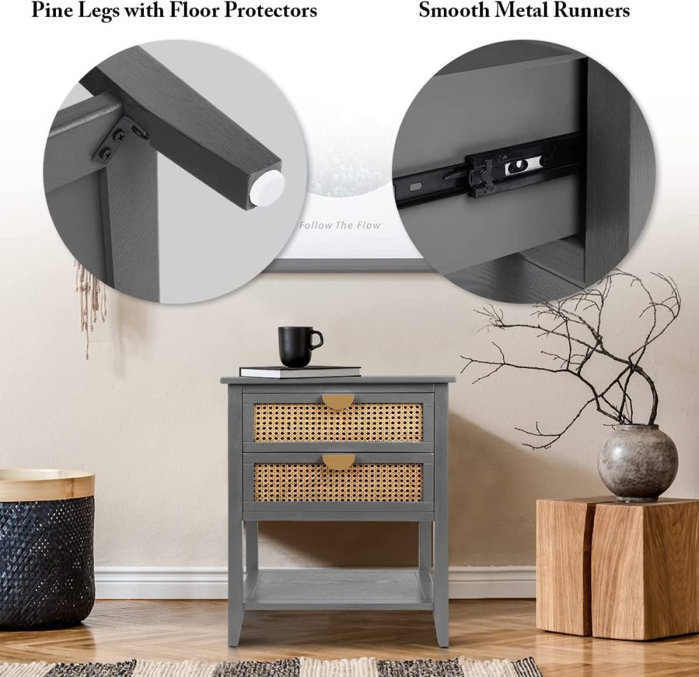 SZLIZCCC Nightstands with 2 Drawers, Rattan Night Stand Bedside Table End Table Standing Storage Cabinet Organizer Dresser Drawer and Shelf for Entryway, Living Room, Bedroom, Nursery(Green)