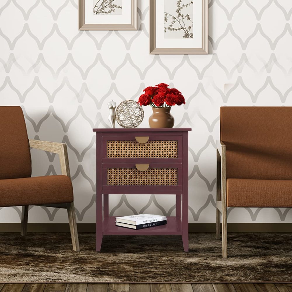 SZLIZCCC Nightstands with 2 Drawers, Rattan Night Stand Bedside Table End Table Standing Storage Cabinet Organizer Dresser Drawer and Shelf for Entryway, Living Room, Bedroom, Nursery(Green)