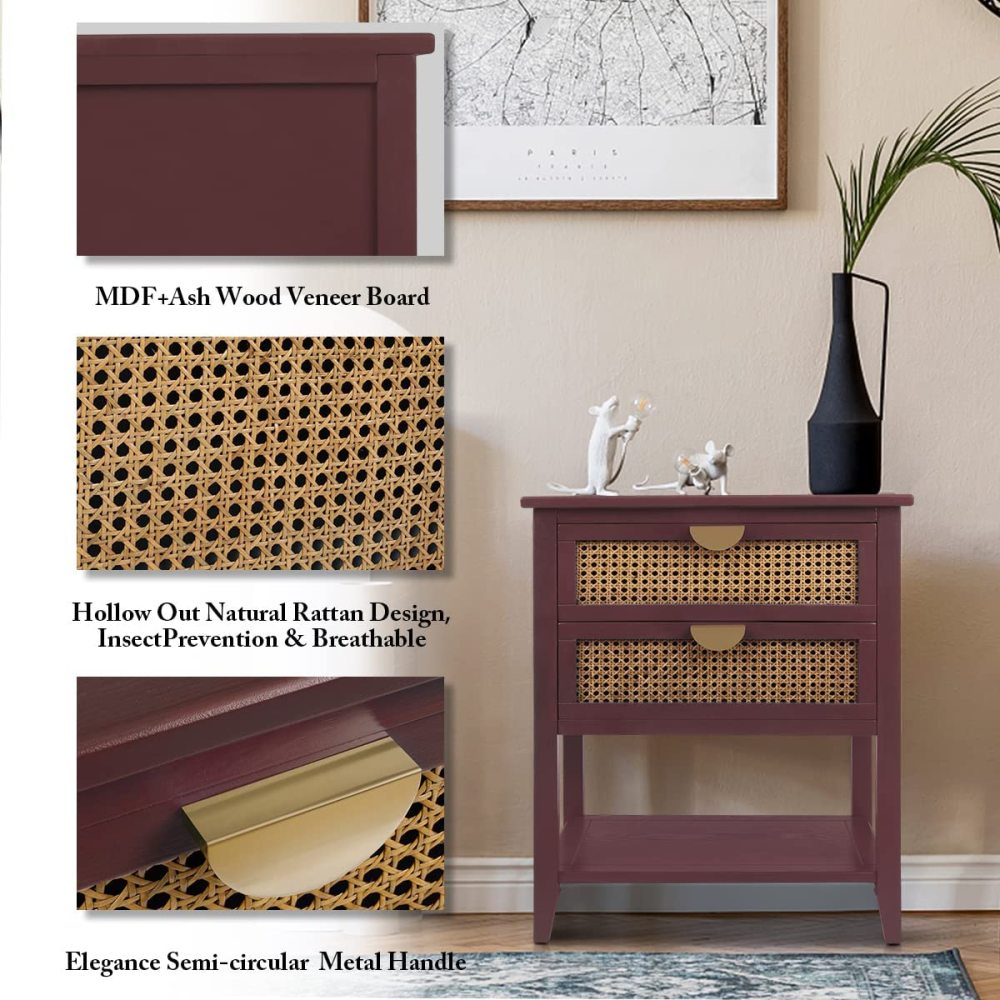 SZLIZCCC Nightstands with 2 Drawers, Rattan Night Stand Bedside Table End Table Standing Storage Cabinet Organizer Dresser Drawer and Shelf for Entryway, Living Room, Bedroom, Nursery(Green)