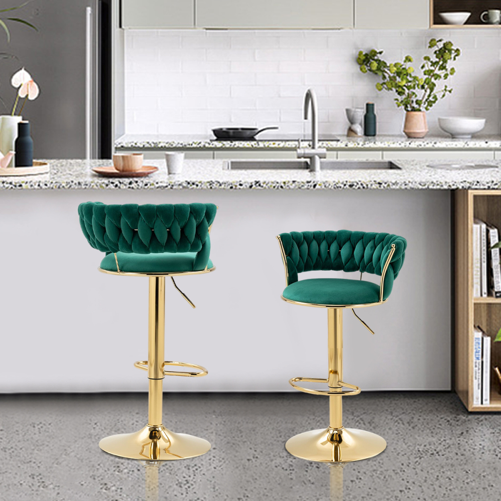 PEIHONGET Velvet Woven Barstools Set of 2, Height Adjustable Kitchen Counter Stool, Island Chair, 360°Swivel Bar Chairs Gold Metal Chassis and Low Back Bar Stool