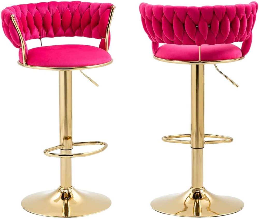 SZLIZCCC Velvet Woven Barstools Set of 2, Height Adjustable Kitchen Counter Stool, Island Chair, 360°Swivel Bar Chairs Gold Metal Chassis and Low Back Bar Stool