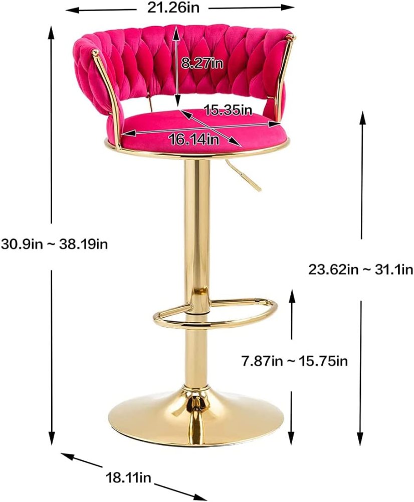 SZLIZCCC Velvet Woven Barstools Set of 2, Height Adjustable Kitchen Counter Stool, Island Chair, 360°Swivel Bar Chairs Gold Metal Chassis and Low Back Bar Stool