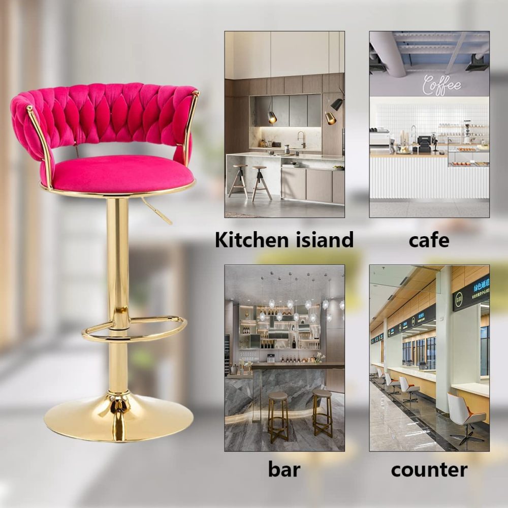 SZLIZCCC Velvet Woven Barstools Set of 2, Height Adjustable Kitchen Counter Stool, Island Chair, 360°Swivel Bar Chairs Gold Metal Chassis and Low Back Bar Stool