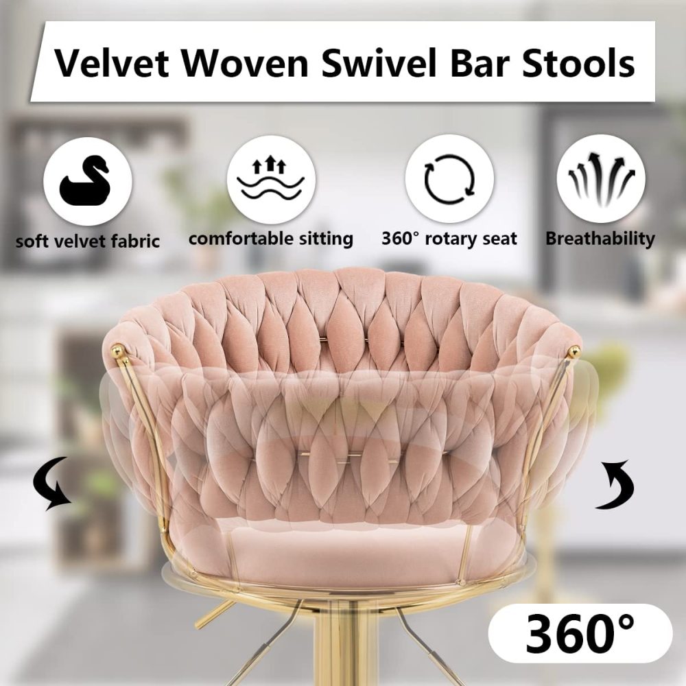 SZLIZCCC Velvet Woven Barstools Set of 2, Height Adjustable Kitchen Counter Stool, Island Chair, 360°Swivel Bar Chairs Gold Metal Chassis and Low Back Bar Stool