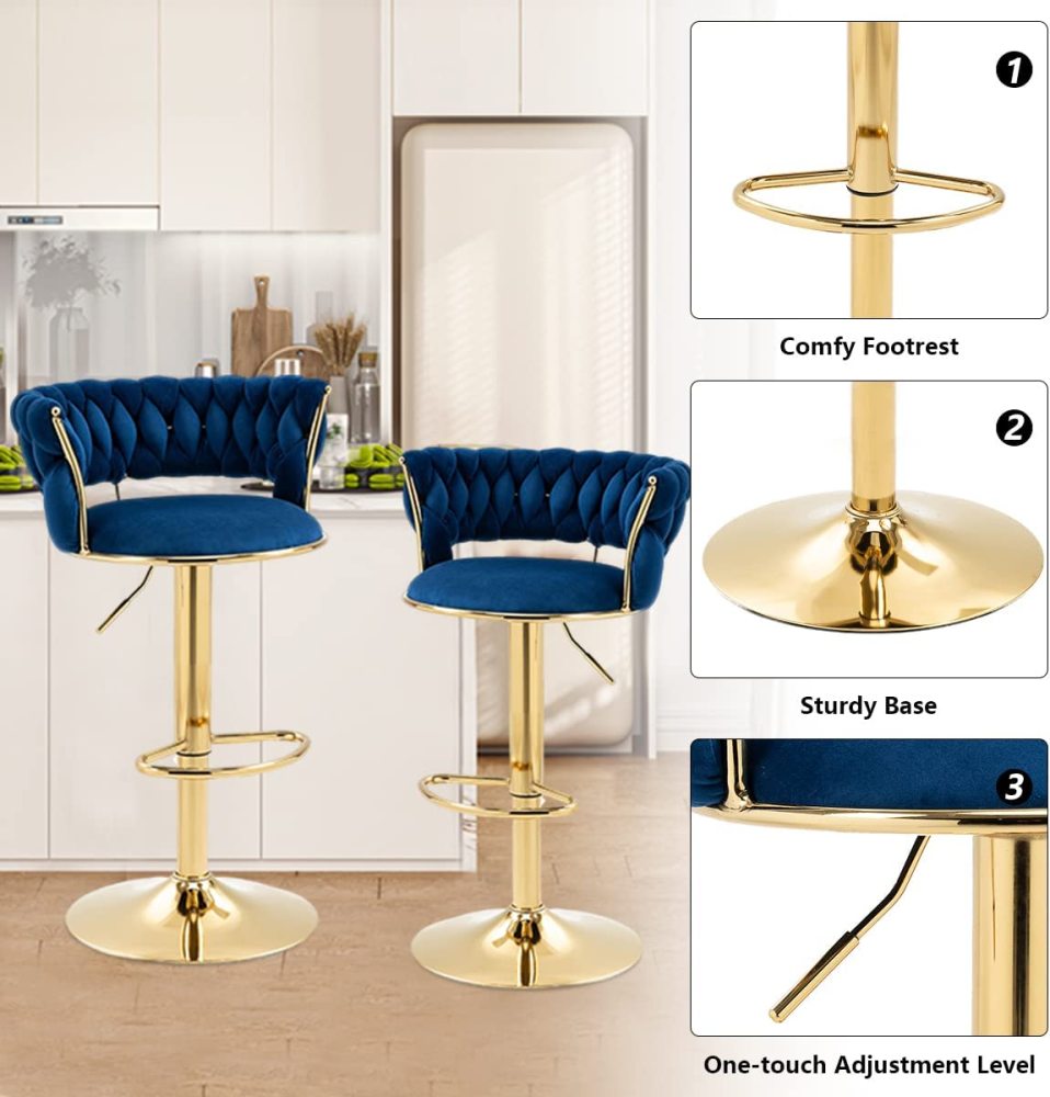 SZLIZCCC Velvet Woven Barstools Set of 2, Height Adjustable Kitchen Counter Stool, Island Chair, 360°Swivel Bar Chairs Gold Metal Chassis and Low Back Bar Stool
