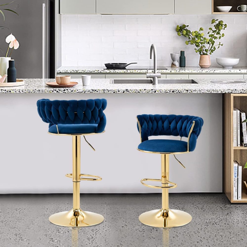 SZLIZCCC Velvet Woven Barstools Set of 2, Height Adjustable Kitchen Counter Stool, Island Chair, 360°Swivel Bar Chairs Gold Metal Chassis and Low Back Bar Stool