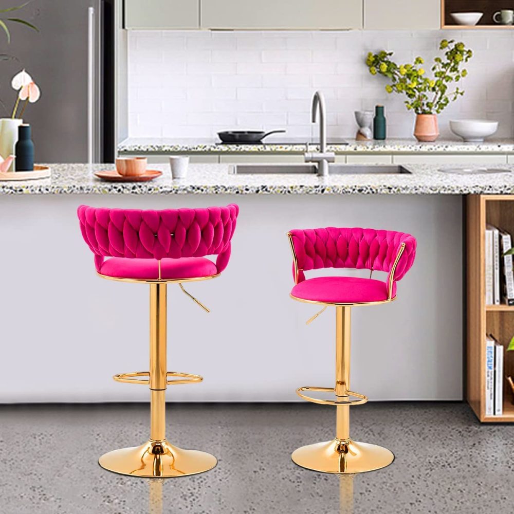 SZLIZCCC Velvet Woven Barstools Set of 2, Height Adjustable Kitchen Counter Stool, Island Chair, 360°Swivel Bar Chairs Gold Metal Chassis and Low Back Bar Stool