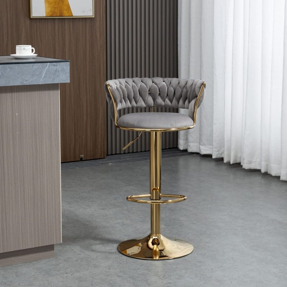 SZLIZCCC Velvet Woven Barstools Set of 2, Height Adjustable Kitchen Counter Stool, Island Chair, 360°Swivel Bar Chairs Gold Metal Chassis and Low Back Bar Stool