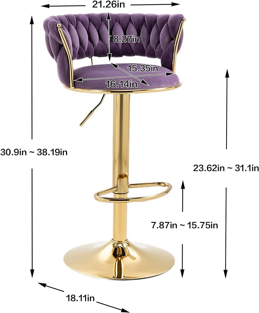 SZLIZCCC Velvet Woven Barstools Set of 2, Height Adjustable Kitchen Counter Stool, Island Chair, 360°Swivel Bar Chairs Gold Metal Chassis and Low Back Bar Stool