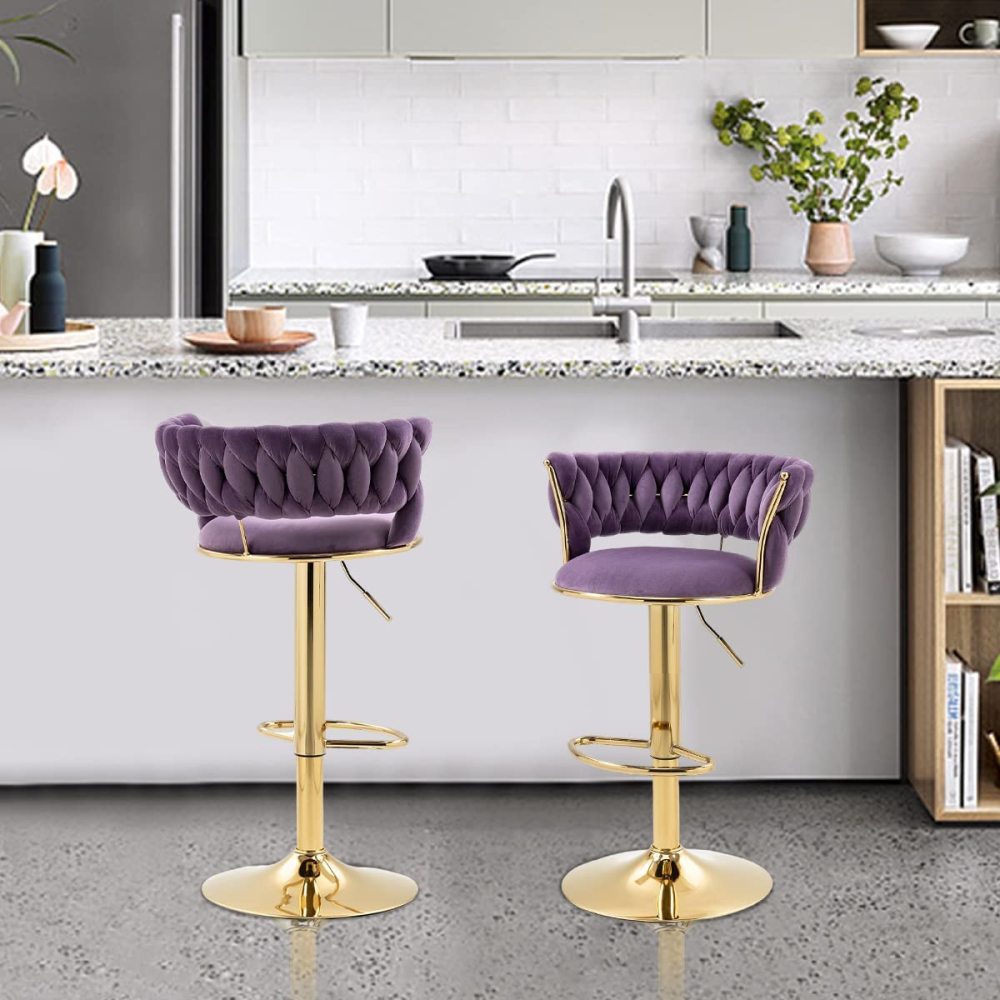 SZLIZCCC Velvet Woven Barstools Set of 2, Height Adjustable Kitchen Counter Stool, Island Chair, 360°Swivel Bar Chairs Gold Metal Chassis and Low Back Bar Stool