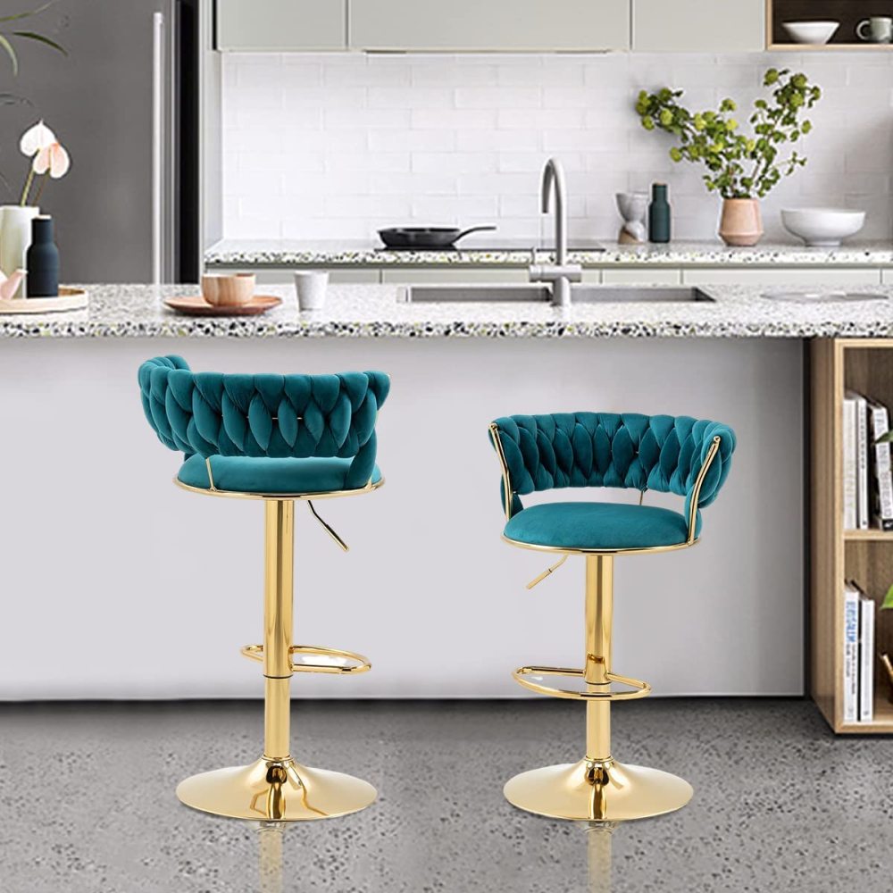 SZLIZCCC Velvet Woven Barstools Set of 2, Height Adjustable Kitchen Counter Stool, Island Chair, 360°Swivel Bar Chairs Gold Metal Chassis and Low Back Bar Stool