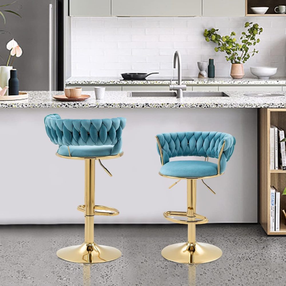 SZLIZCCC Velvet Woven Barstools Set of 2, Height Adjustable Kitchen Counter Stool, Island Chair, 360°Swivel Bar Chairs Gold Metal Chassis and Low Back Bar Stool