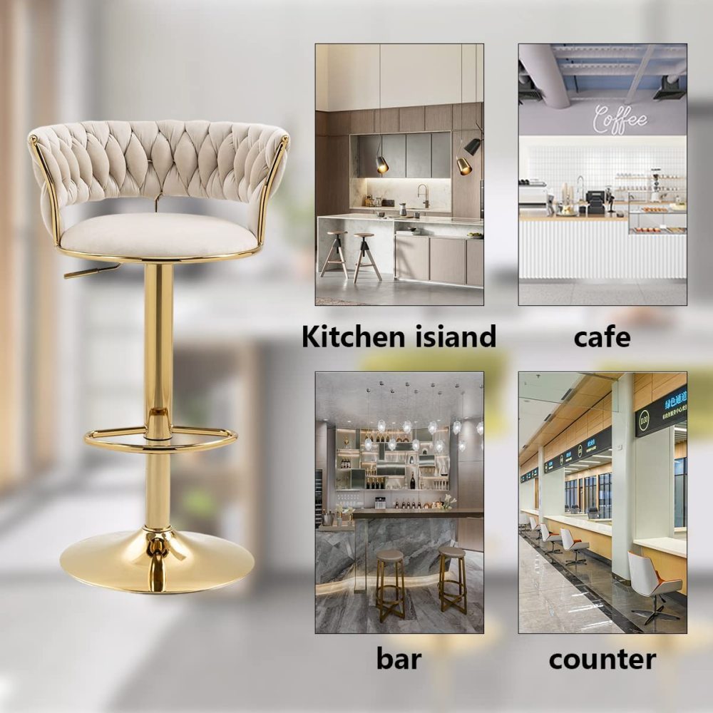 SZLIZCCC Velvet Woven Barstools Set of 2, Height Adjustable Kitchen Counter Stool, Island Chair, 360°Swivel Bar Chairs Gold Metal Chassis and Low Back Bar Stool
