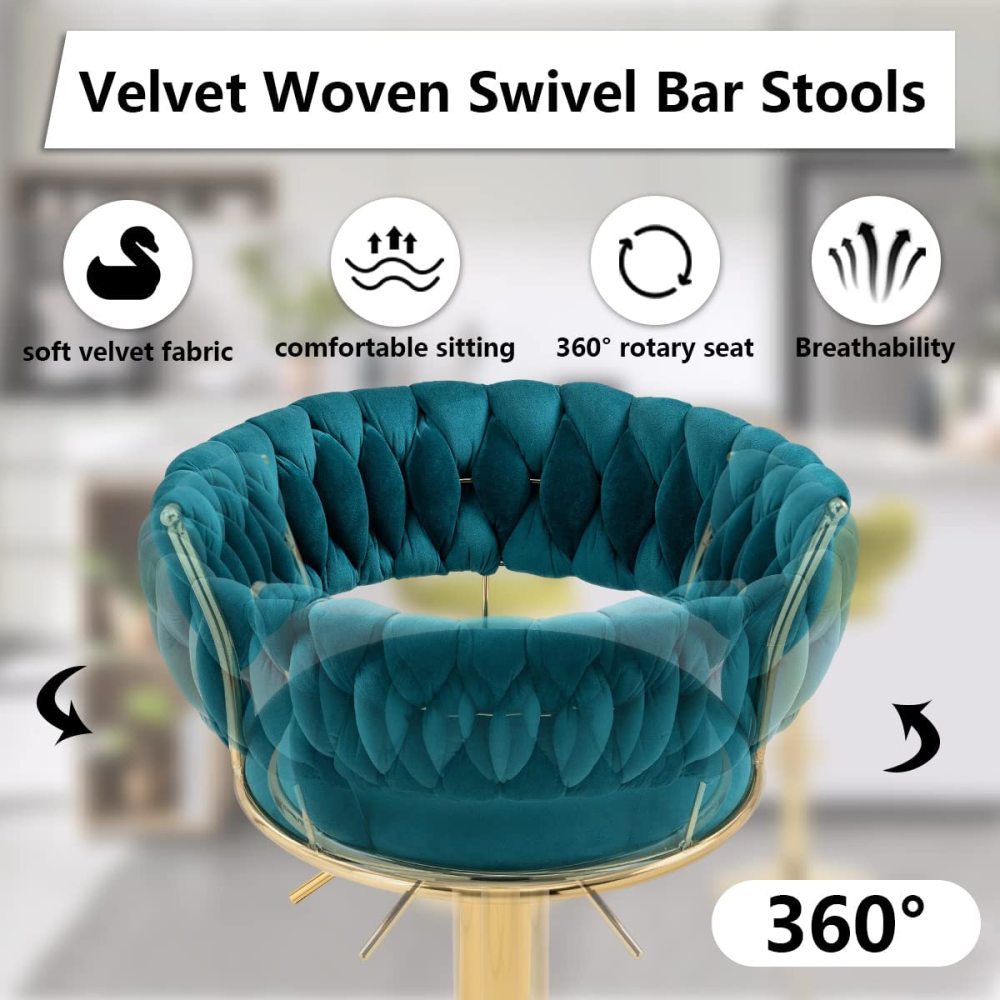 SZLIZCCC Velvet Woven Barstools Set of 2, Height Adjustable Kitchen Counter Stool, Island Chair, 360°Swivel Bar Chairs Gold Metal Chassis and Low Back Bar Stool