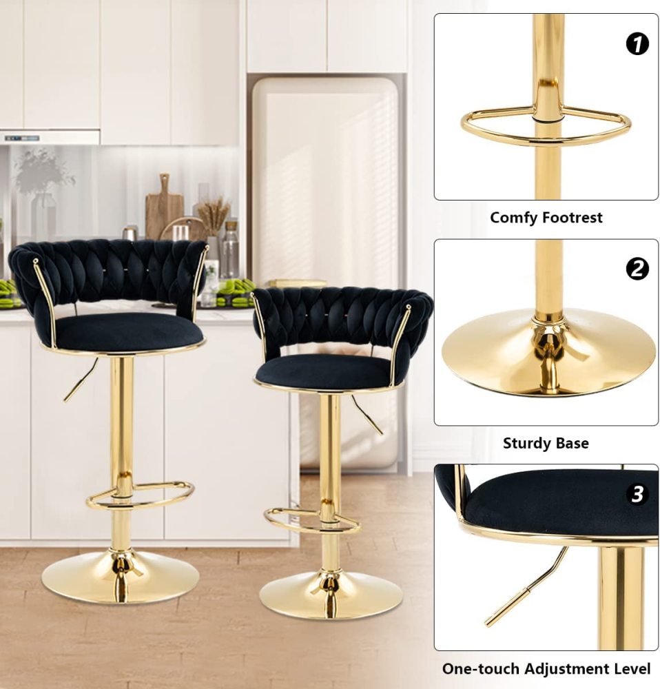 SZLIZCCC Velvet Woven Barstools Set of 2, Height Adjustable Kitchen Counter Stool, Island Chair, 360°Swivel Bar Chairs Gold Metal Chassis and Low Back Bar Stool