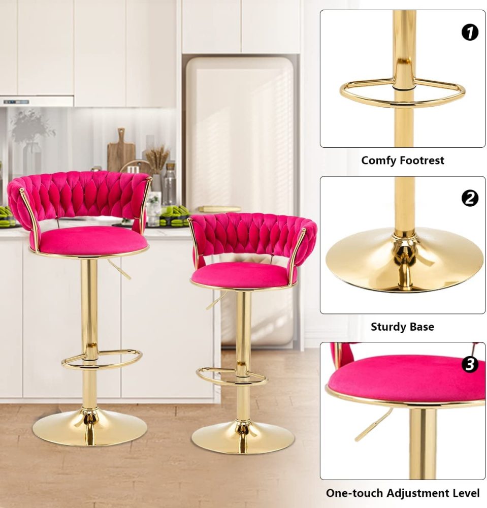 SZLIZCCC Velvet Woven Barstools Set of 2, Height Adjustable Kitchen Counter Stool, Island Chair, 360°Swivel Bar Chairs Gold Metal Chassis and Low Back Bar Stool
