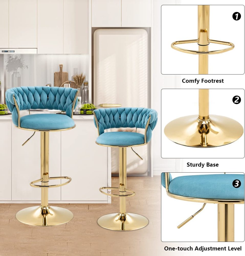 SZLIZCCC Velvet Woven Barstools Set of 2, Height Adjustable Kitchen Counter Stool, Island Chair, 360°Swivel Bar Chairs Gold Metal Chassis and Low Back Bar Stool