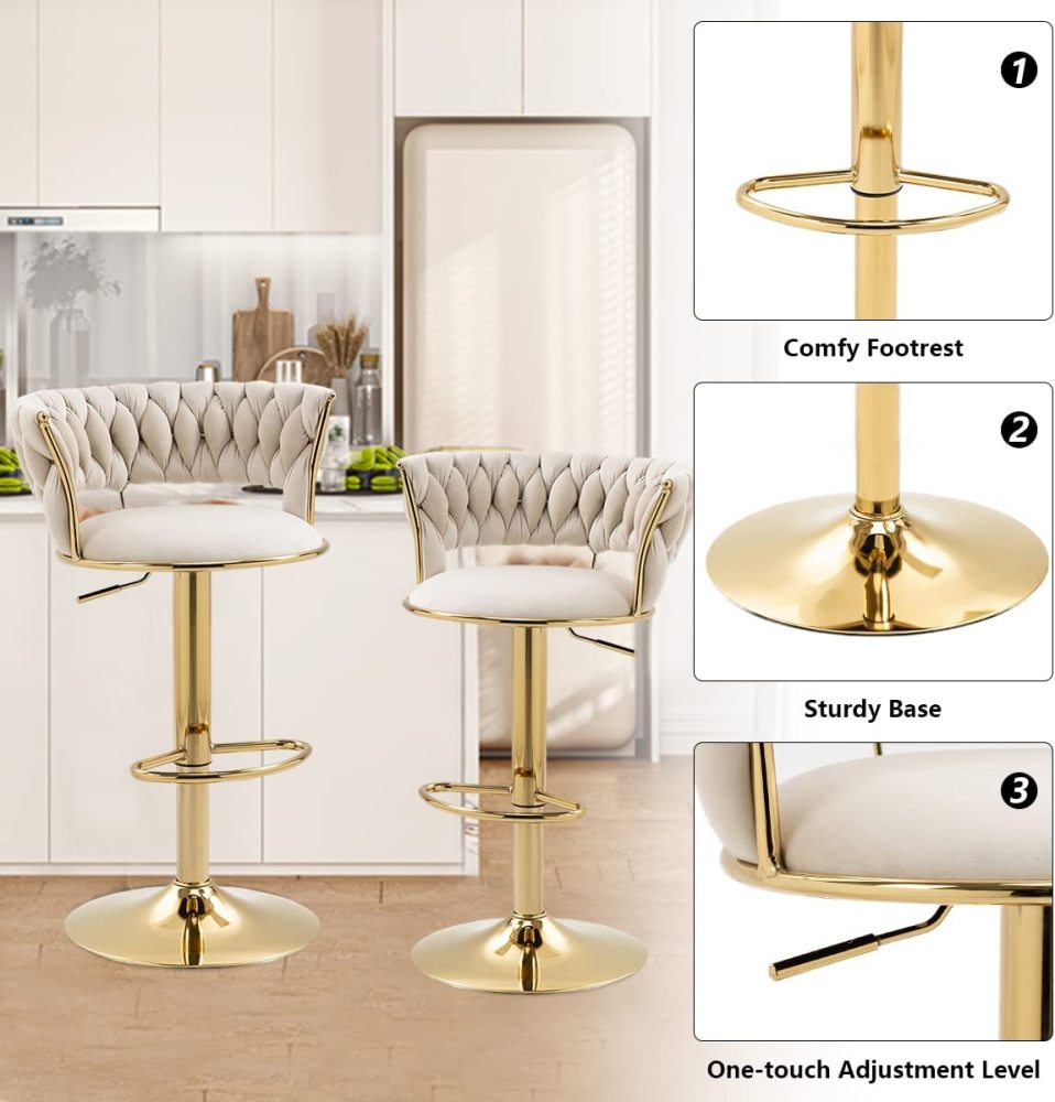SZLIZCCC Velvet Woven Barstools Set of 2, Height Adjustable Kitchen Counter Stool, Island Chair, 360°Swivel Bar Chairs Gold Metal Chassis and Low Back Bar Stool