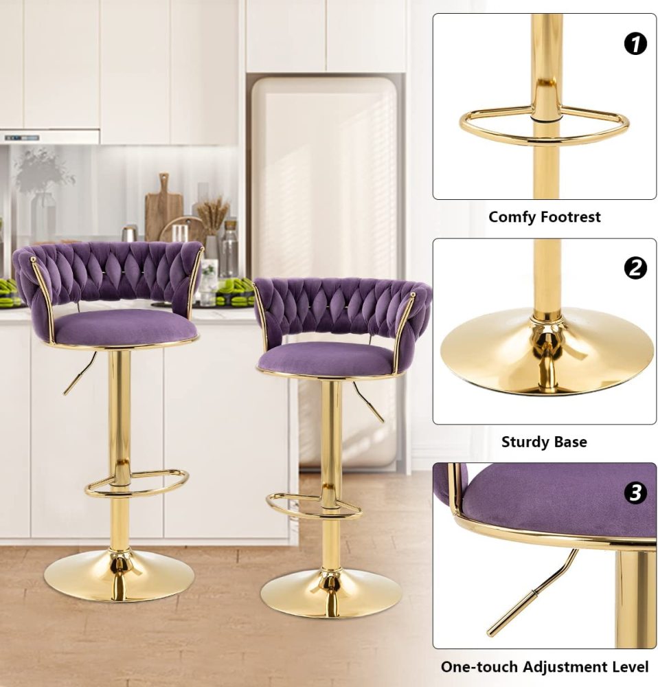 SZLIZCCC Velvet Woven Barstools Set of 2, Height Adjustable Kitchen Counter Stool, Island Chair, 360°Swivel Bar Chairs Gold Metal Chassis and Low Back Bar Stool