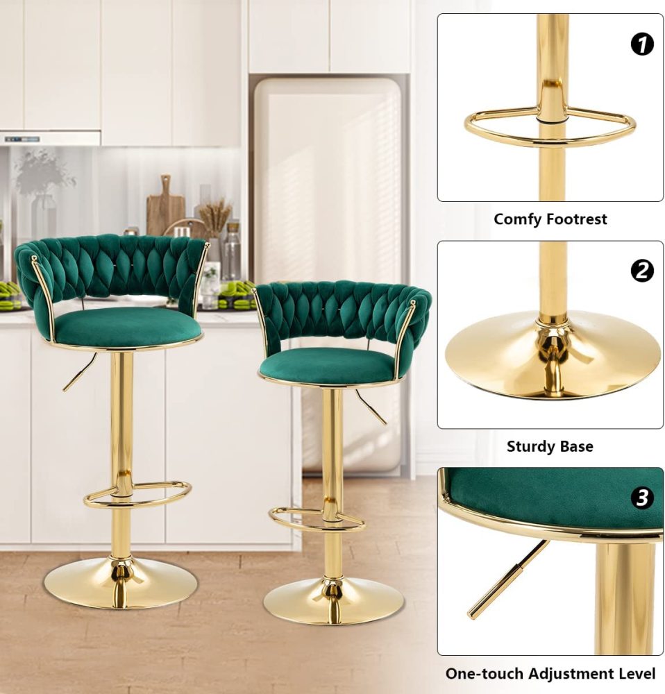 PEIHONGET Velvet Woven Barstools Set of 2, Height Adjustable Kitchen Counter Stool, Island Chair, 360°Swivel Bar Chairs Gold Metal Chassis and Low Back Bar Stool