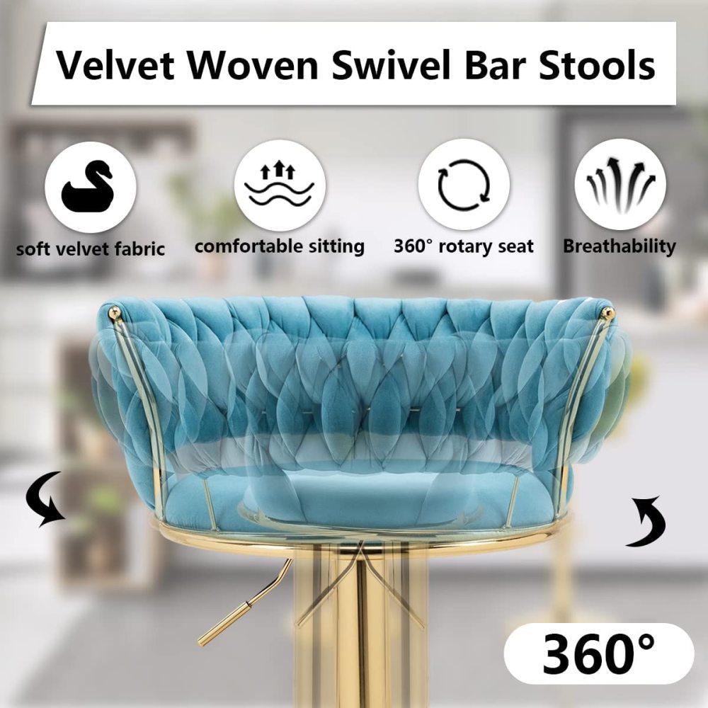 SZLIZCCC Velvet Woven Barstools Set of 2, Height Adjustable Kitchen Counter Stool, Island Chair, 360°Swivel Bar Chairs Gold Metal Chassis and Low Back Bar Stool
