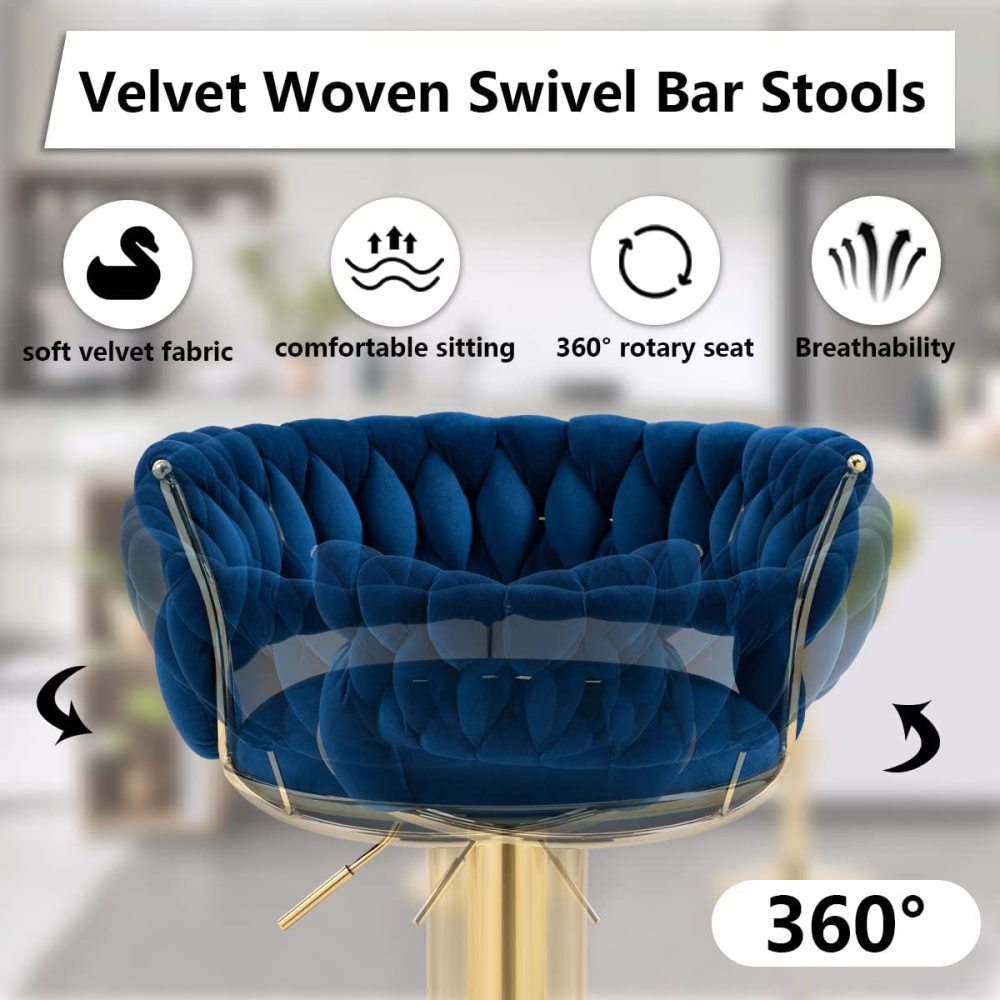 SZLIZCCC Velvet Woven Barstools Set of 2, Height Adjustable Kitchen Counter Stool, Island Chair, 360°Swivel Bar Chairs Gold Metal Chassis and Low Back Bar Stool