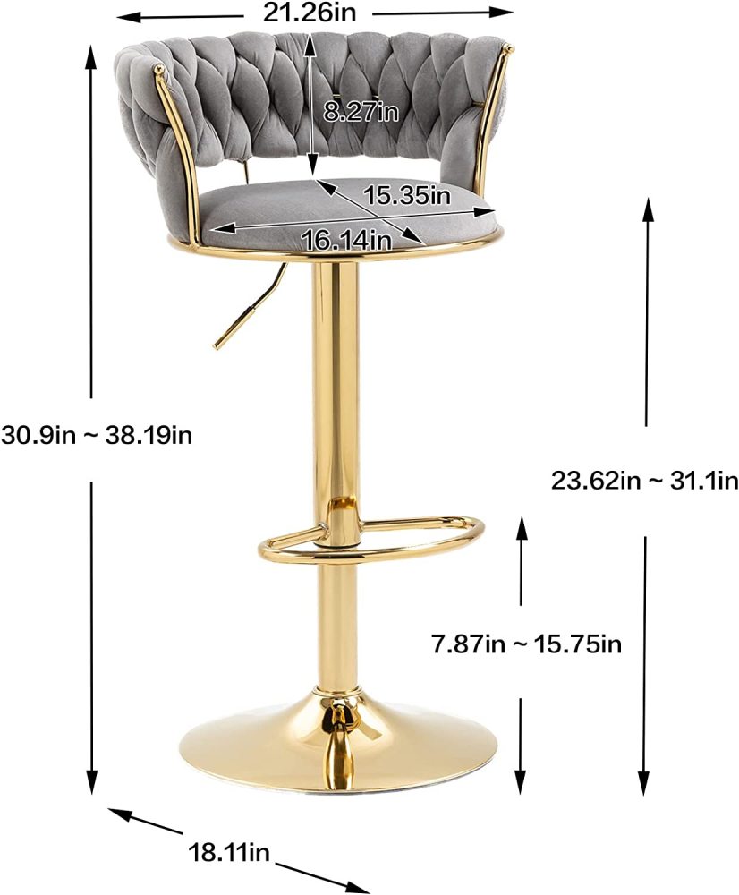 SZLIZCCC Velvet Woven Barstools Set of 2, Height Adjustable Kitchen Counter Stool, Island Chair, 360°Swivel Bar Chairs Gold Metal Chassis and Low Back Bar Stool