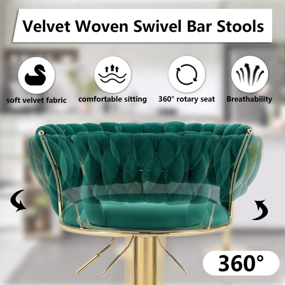 PEIHONGET Velvet Woven Barstools Set of 2, Height Adjustable Kitchen Counter Stool, Island Chair, 360°Swivel Bar Chairs Gold Metal Chassis and Low Back Bar Stool