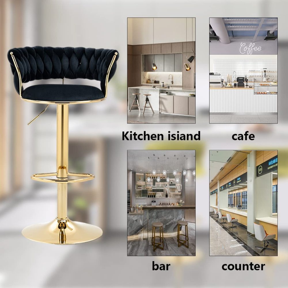SZLIZCCC Velvet Woven Barstools Set of 2, Height Adjustable Kitchen Counter Stool, Island Chair, 360°Swivel Bar Chairs Gold Metal Chassis and Low Back Bar Stool