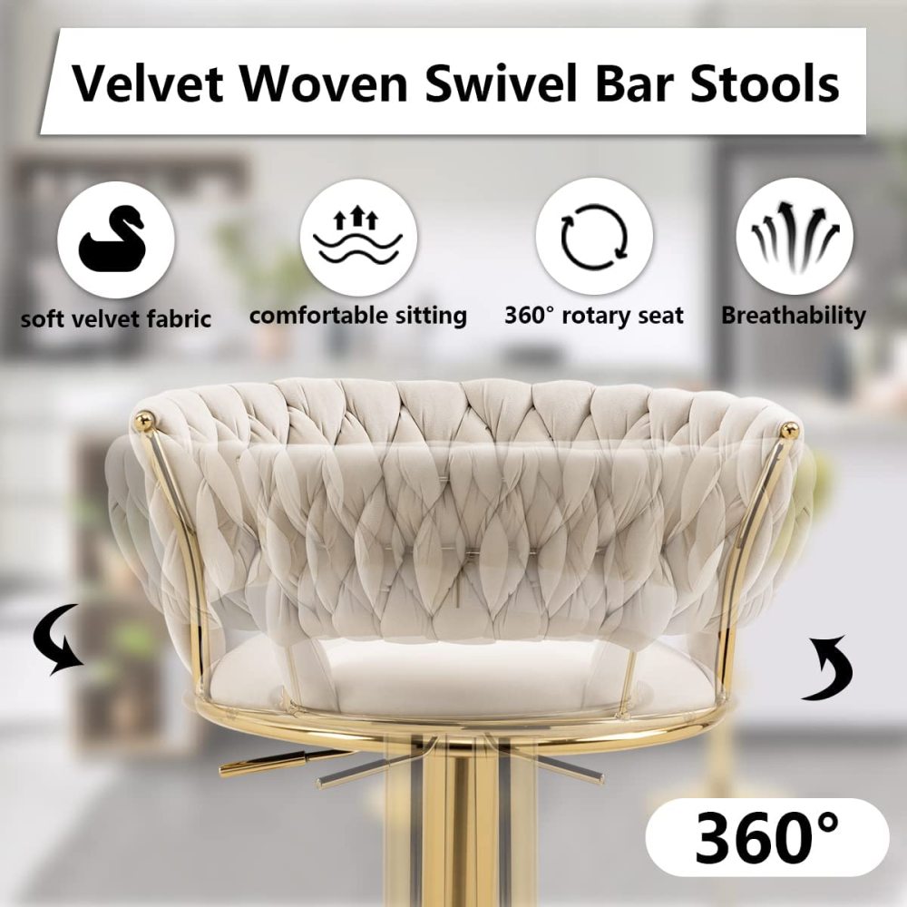 SZLIZCCC Velvet Woven Barstools Set of 2, Height Adjustable Kitchen Counter Stool, Island Chair, 360°Swivel Bar Chairs Gold Metal Chassis and Low Back Bar Stool