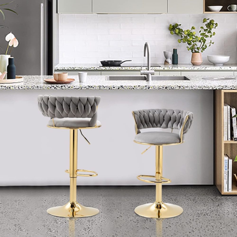 SZLIZCCC Velvet Woven Barstools Set of 2, Height Adjustable Kitchen Counter Stool, Island Chair, 360°Swivel Bar Chairs Gold Metal Chassis and Low Back Bar Stool