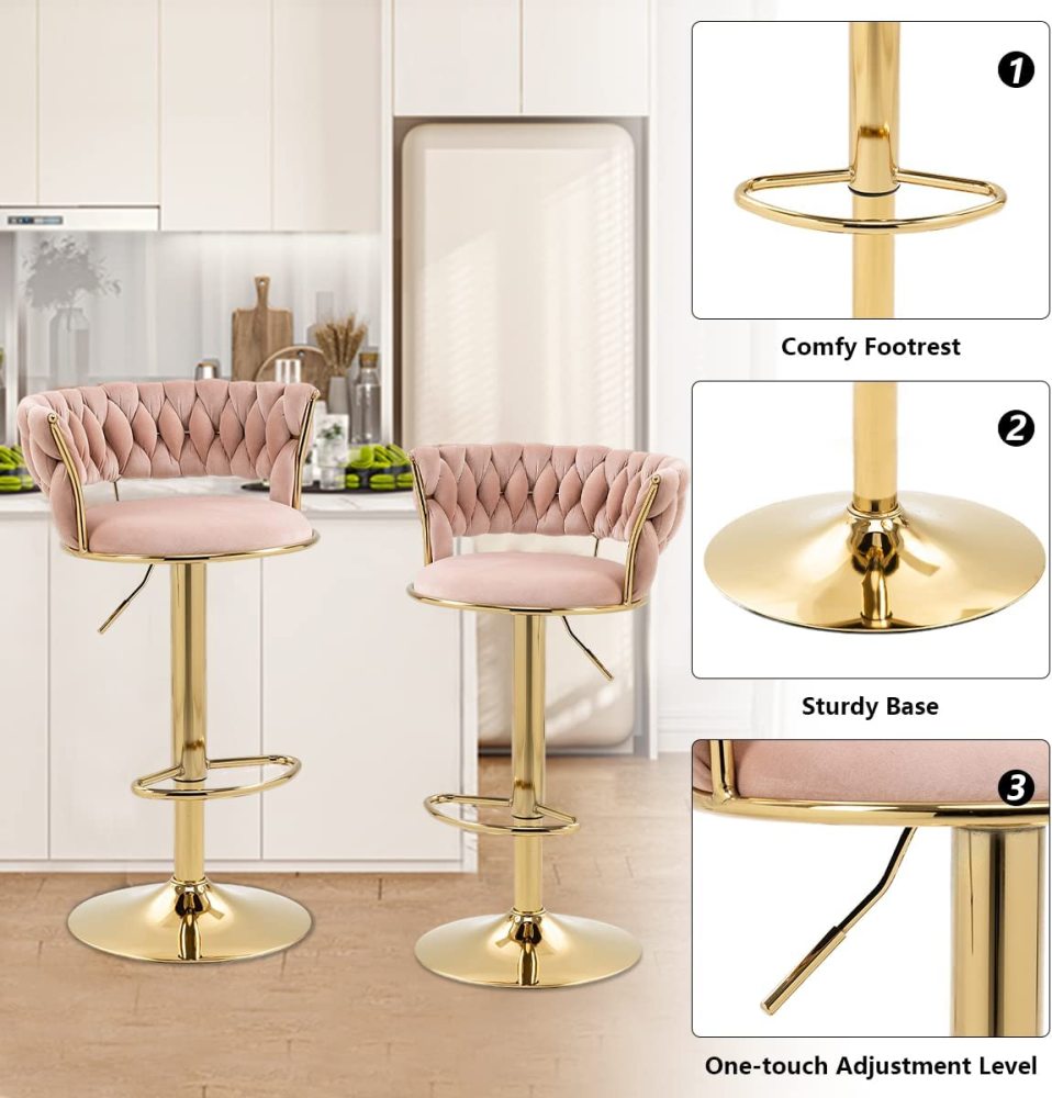 SZLIZCCC Velvet Woven Barstools Set of 2, Height Adjustable Kitchen Counter Stool, Island Chair, 360°Swivel Bar Chairs Gold Metal Chassis and Low Back Bar Stool