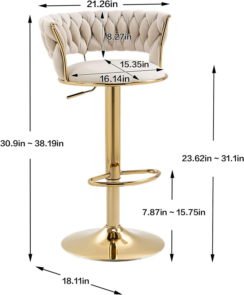 SZLIZCCC Velvet Woven Barstools Set of 2, Height Adjustable Kitchen Counter Stool, Island Chair, 360°Swivel Bar Chairs Gold Metal Chassis and Low Back Bar Stool